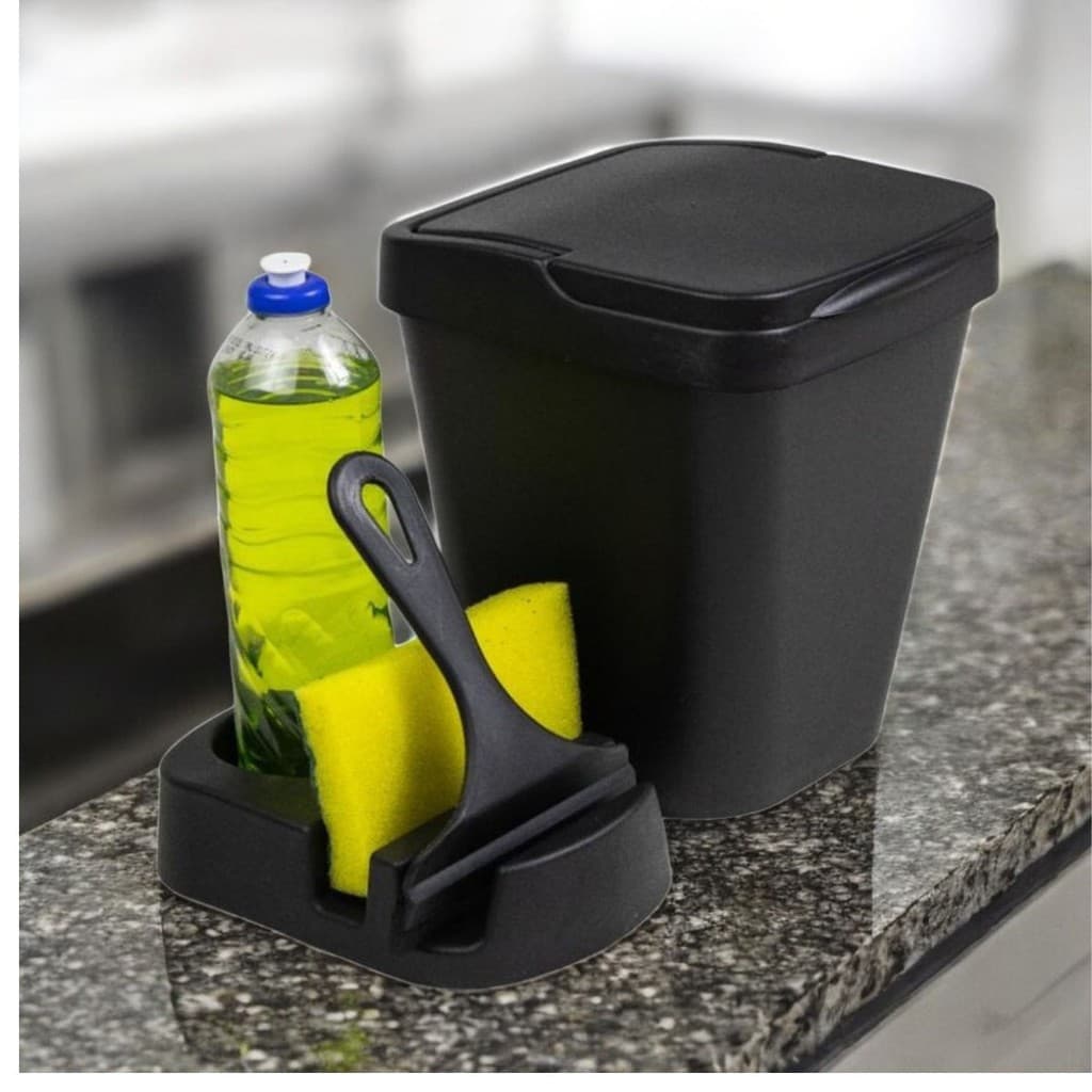 Kit pia com lixeira 4,8 L, porta-detergente e rodo